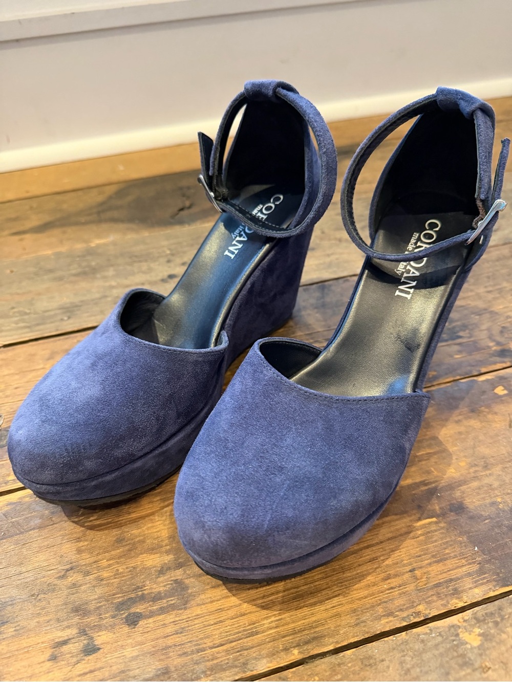 Cordani Navy Suede Ankle-Strap Platform Wedges